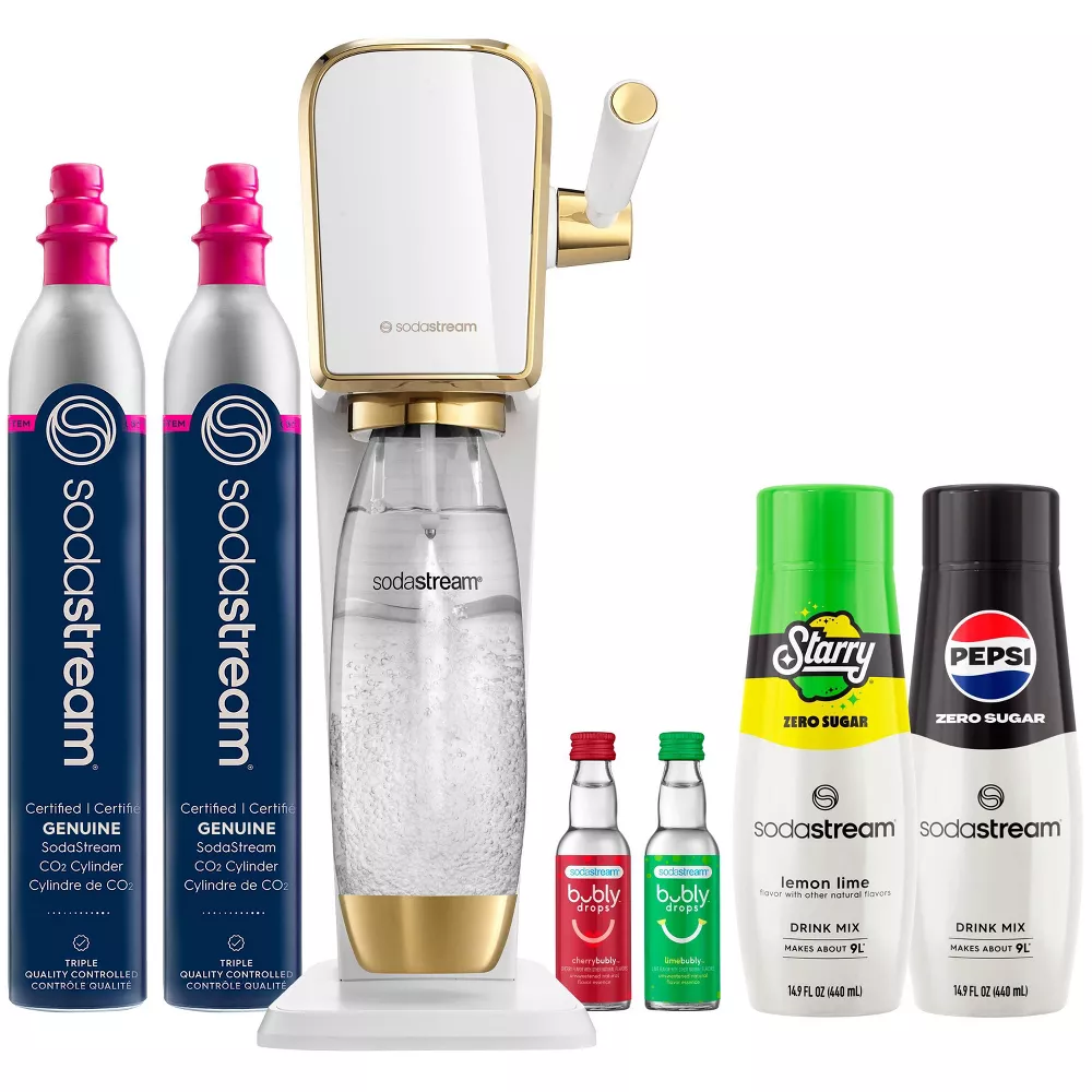 SodaStream Art Gold Soda Maker with Additional Cylinder and Flavors Bundle